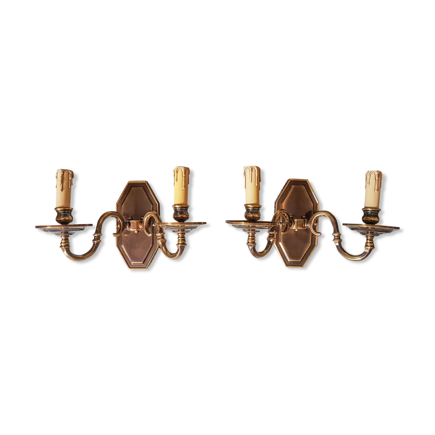 Pair of metal and bronze wall wall light 2 fake candles