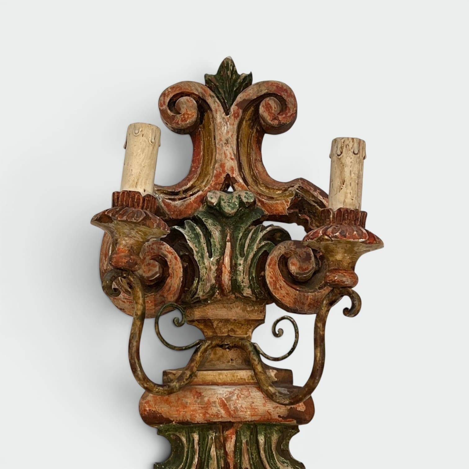 Pair of Polychrome Carved Wood Wall Lights with Vase and Acanthus. Arm in Iron.