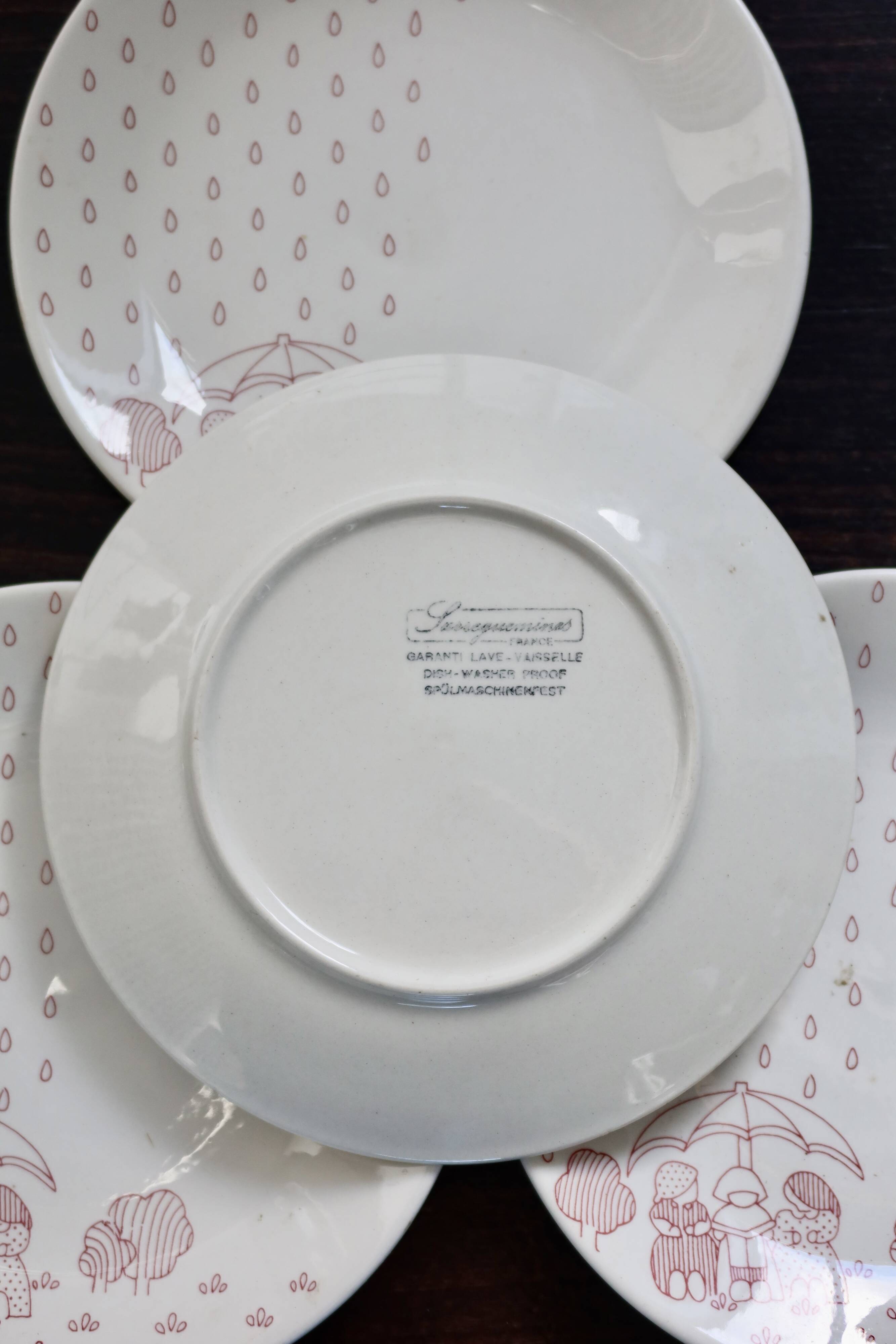 4 vintage dessert plates Sarreguemines - White earthenware with red pattern n