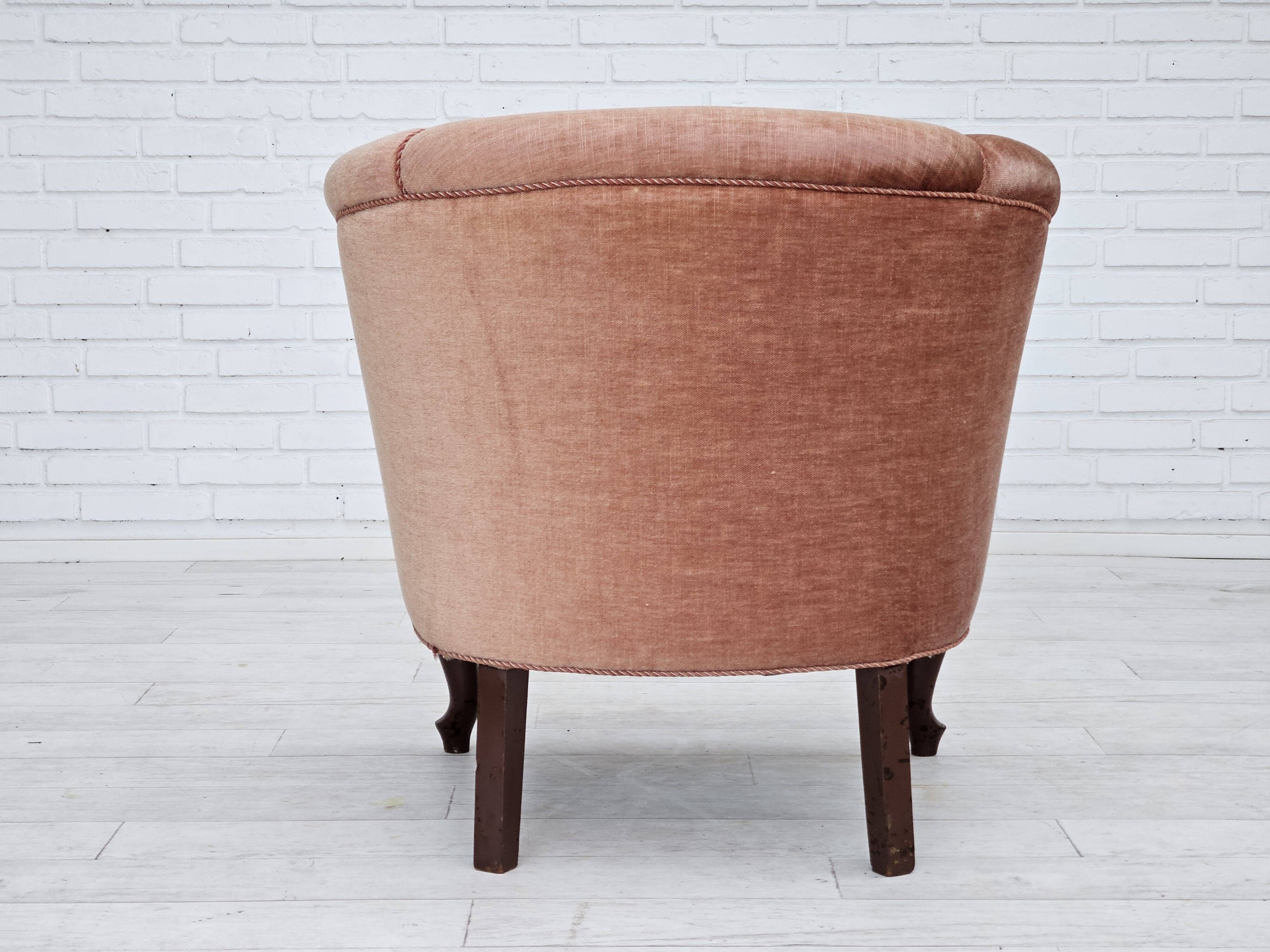 1960s, Danish lounge chair, salmon pink furniture velour, ash wood legs.