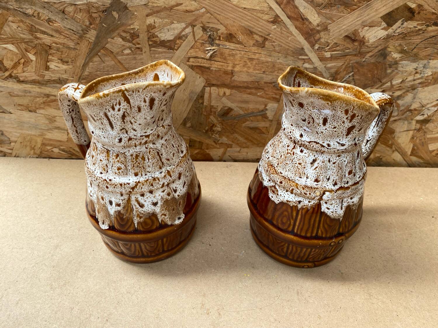 Pair Antique Brown Ceramic Barrel Shaped Pitchers Vintage