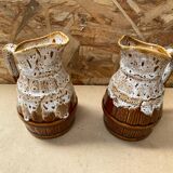 Pair Antique Brown Ceramic Barrel Shaped Pitchers Vintage