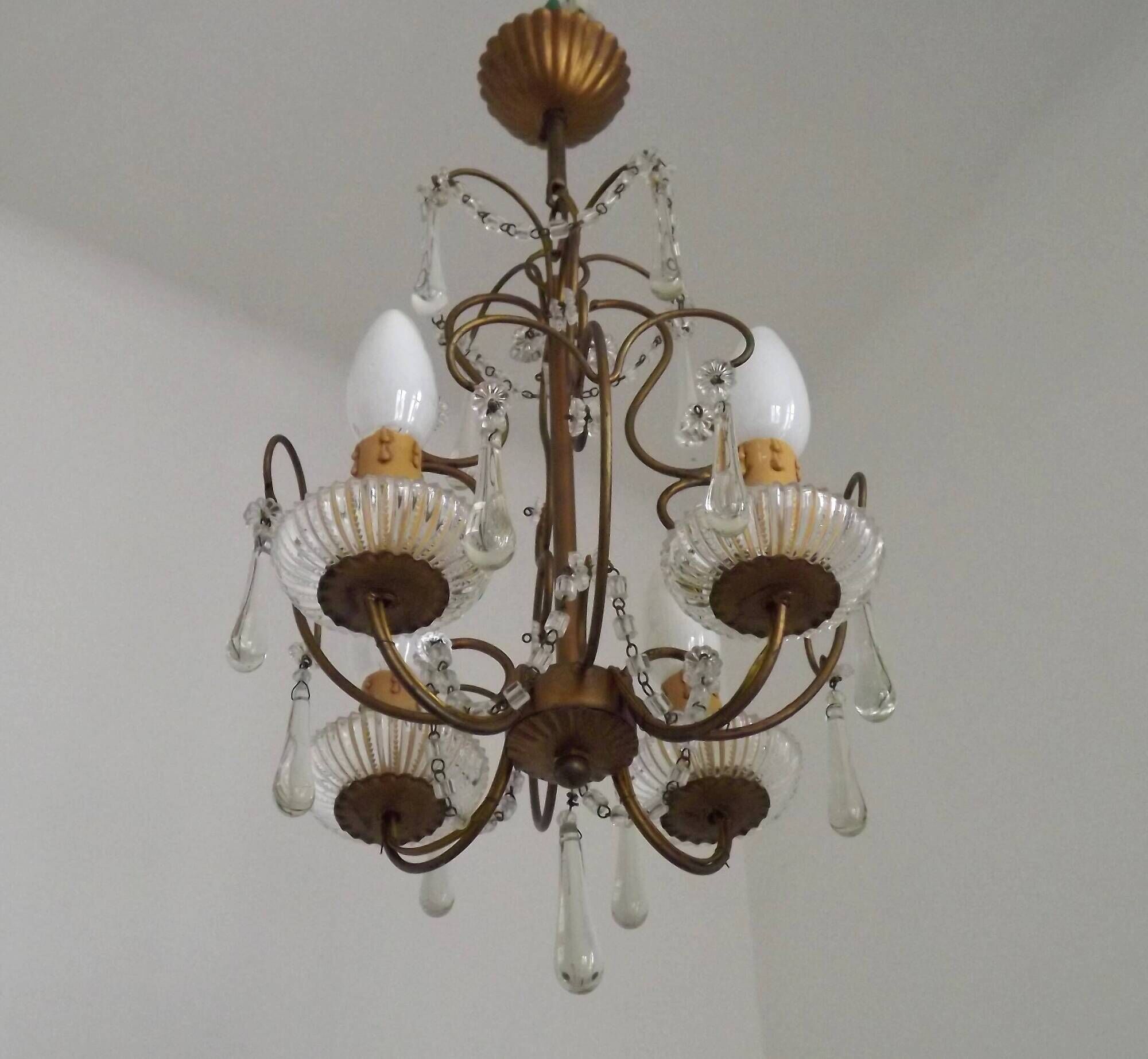 Vintage French 4 Arm Gilded Metal Cage Chandelier Beads Clear Murano Drops