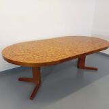 Vintage round dining table from the 60s 70s in solid wood mosaic teak and walnut with extension
