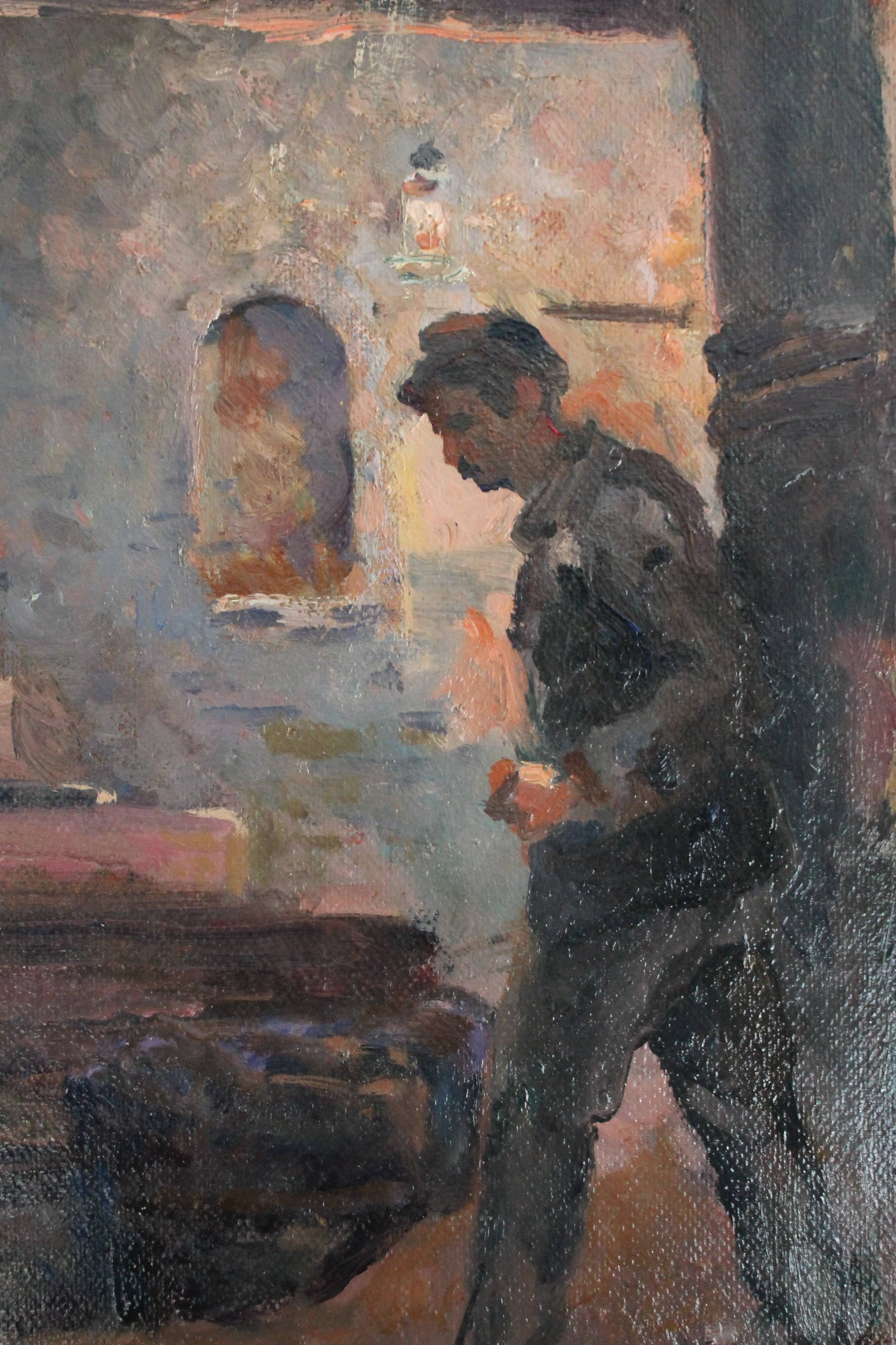 Oil on hardboard "Two workers at the press" post-impressionist painting