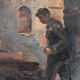 Oil on hardboard "Two workers at the press" post-impressionist painting