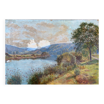 Tableau HSP/C "Paysage à la rivière" signé F. Adam cf. Isenbart