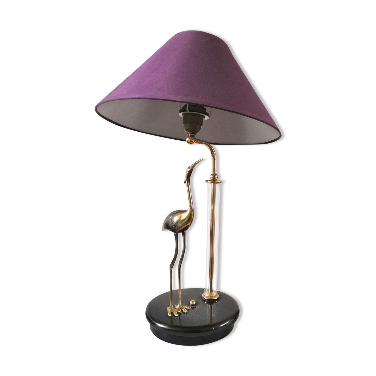 Lampe héron en laiton et tube verre design années 70