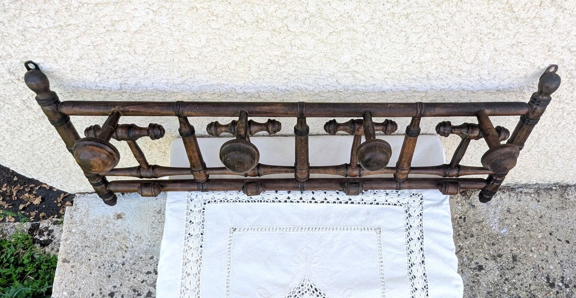 Antique wall coat rack, wooden turned bamboo, bistro 1900.