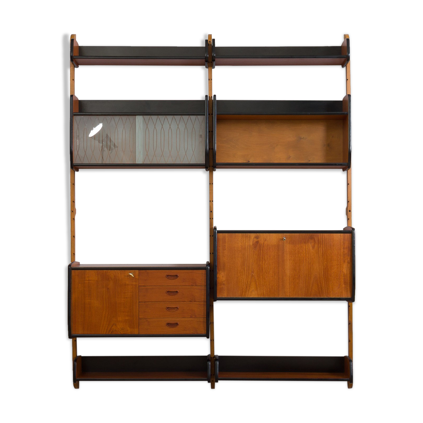 Two bay Teak Ergo Modular Wall Unit with 4 Shelves & 4 Cabinets by John Texmon for Blindheim Møbelfa