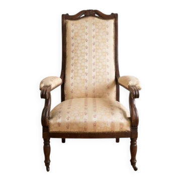 Fauteuil Voltaire style Louis Philippe en bois et tissu beige