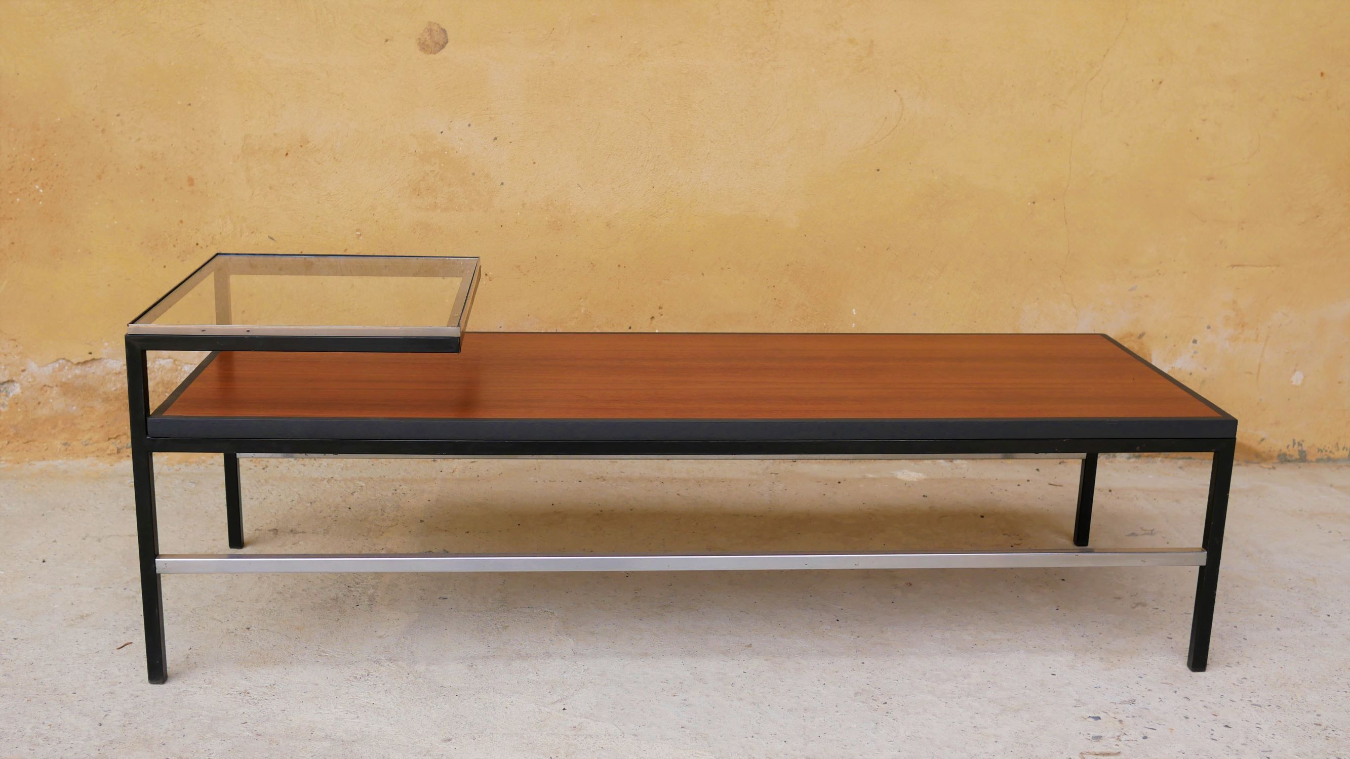 Modernist coffee table vintage wood, metal and glass