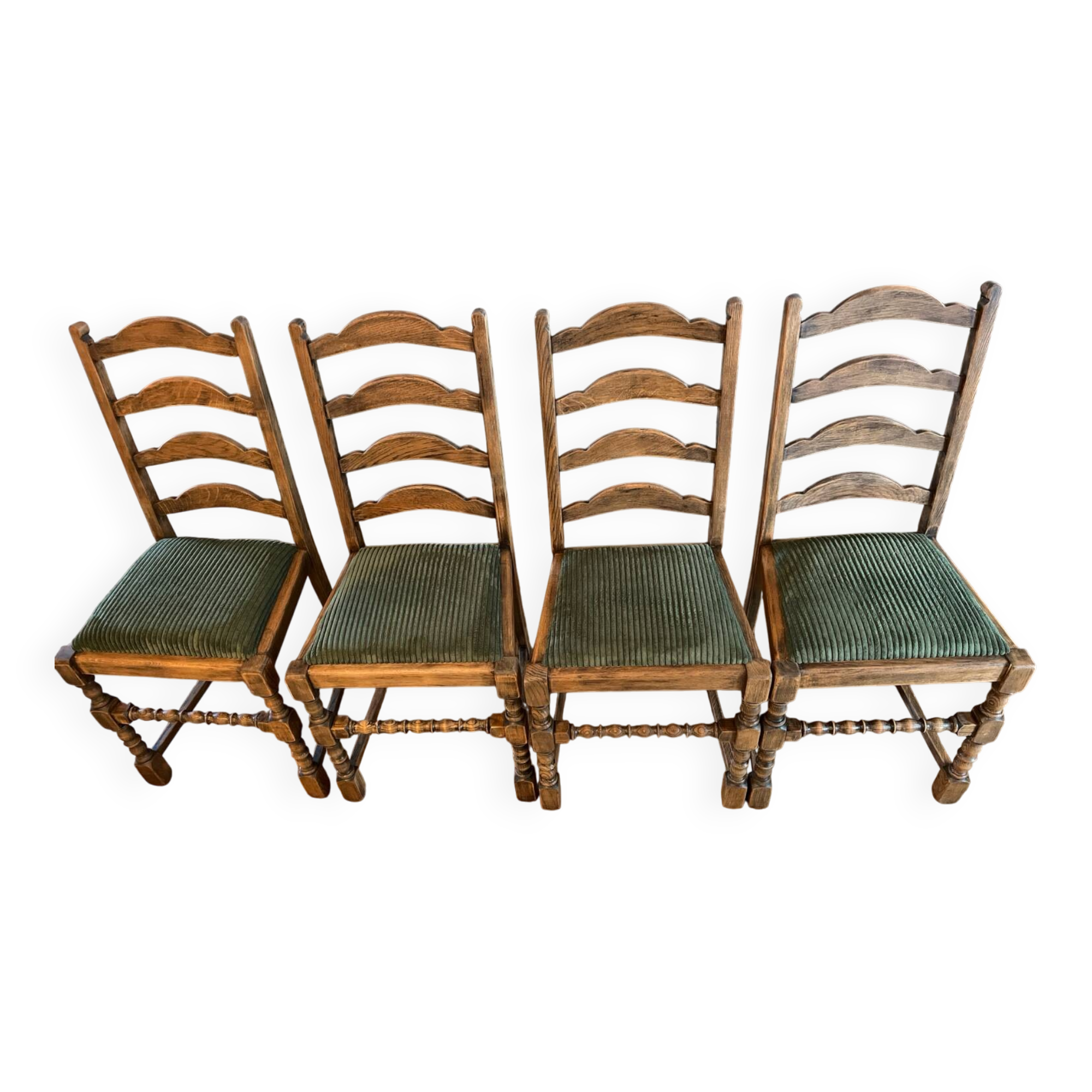 4 antique chairs with green velvet upholstery