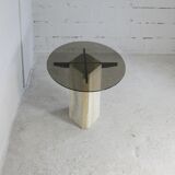 Living table, Comblanchian stone base and elliptical tray in smoked glass, Italy, 1970
