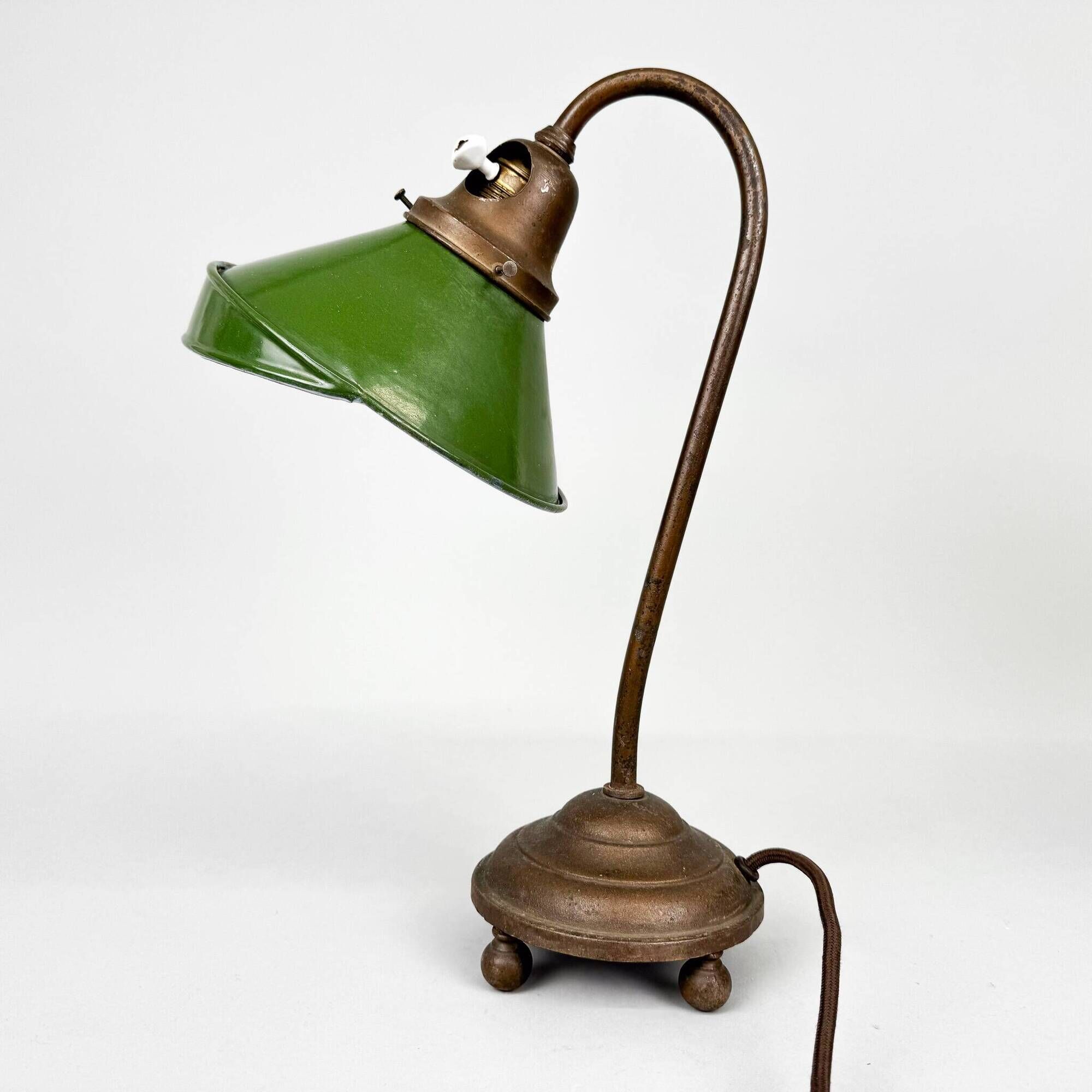 Pair of Unique 1920's Enamel & Cast Iron Desk Lamps, Czechoslovakia