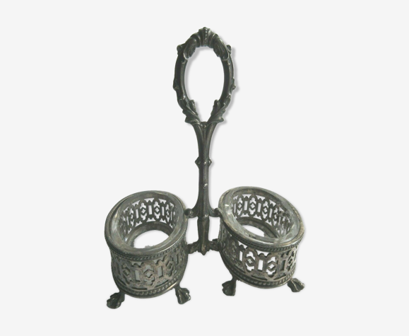 Double salière de table métal argenté anglais et 2 verrines, Sheffield