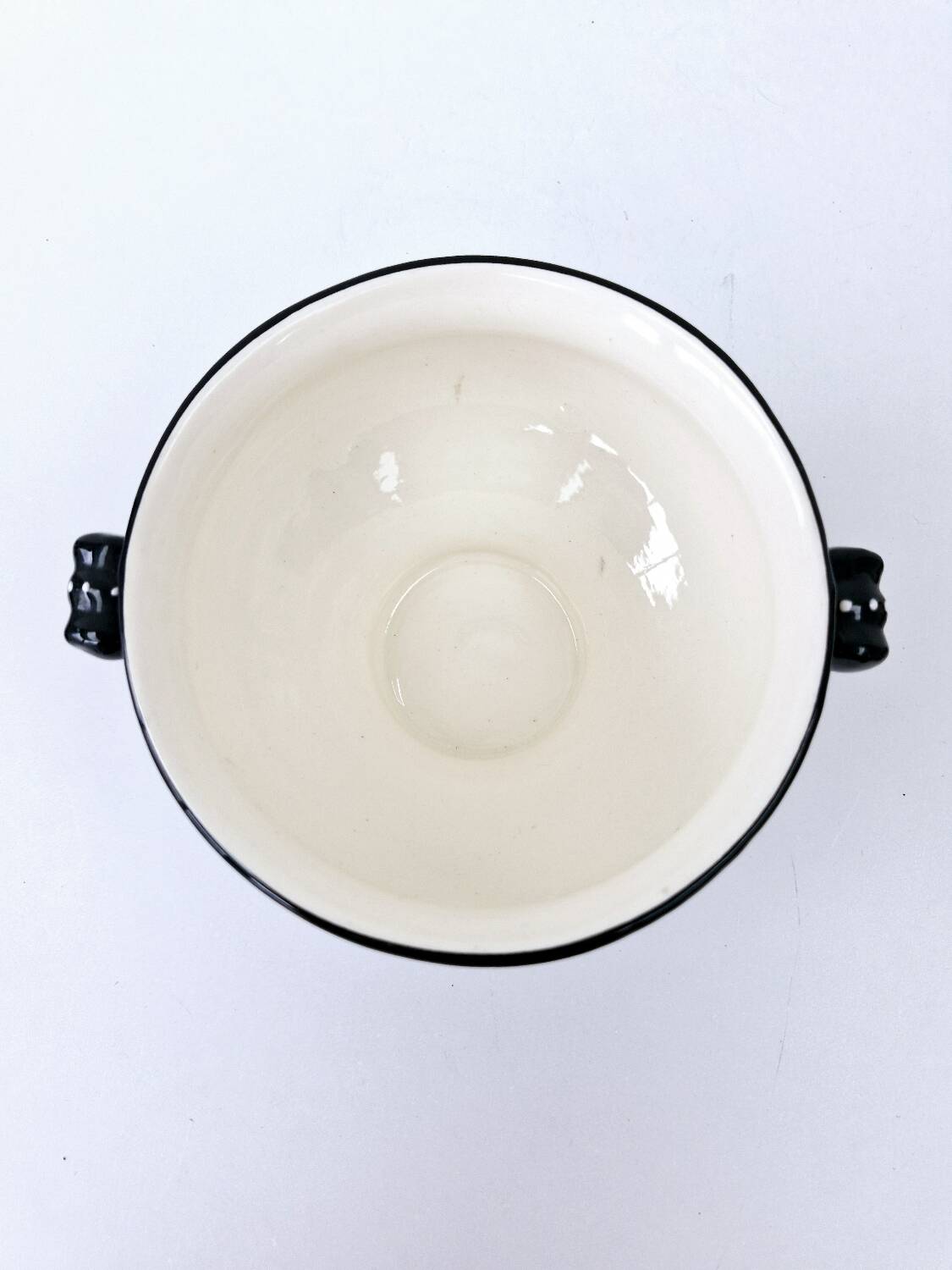 Large Breton Bowl HB Quimper Beaded Black And Yellow Earthenware Lid Handle