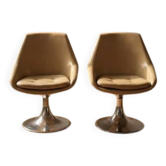 Paire de chaises pivotantes beiges avec bases en piédestal en chrome, France, années 1970, 82 × 55 × 45 cm