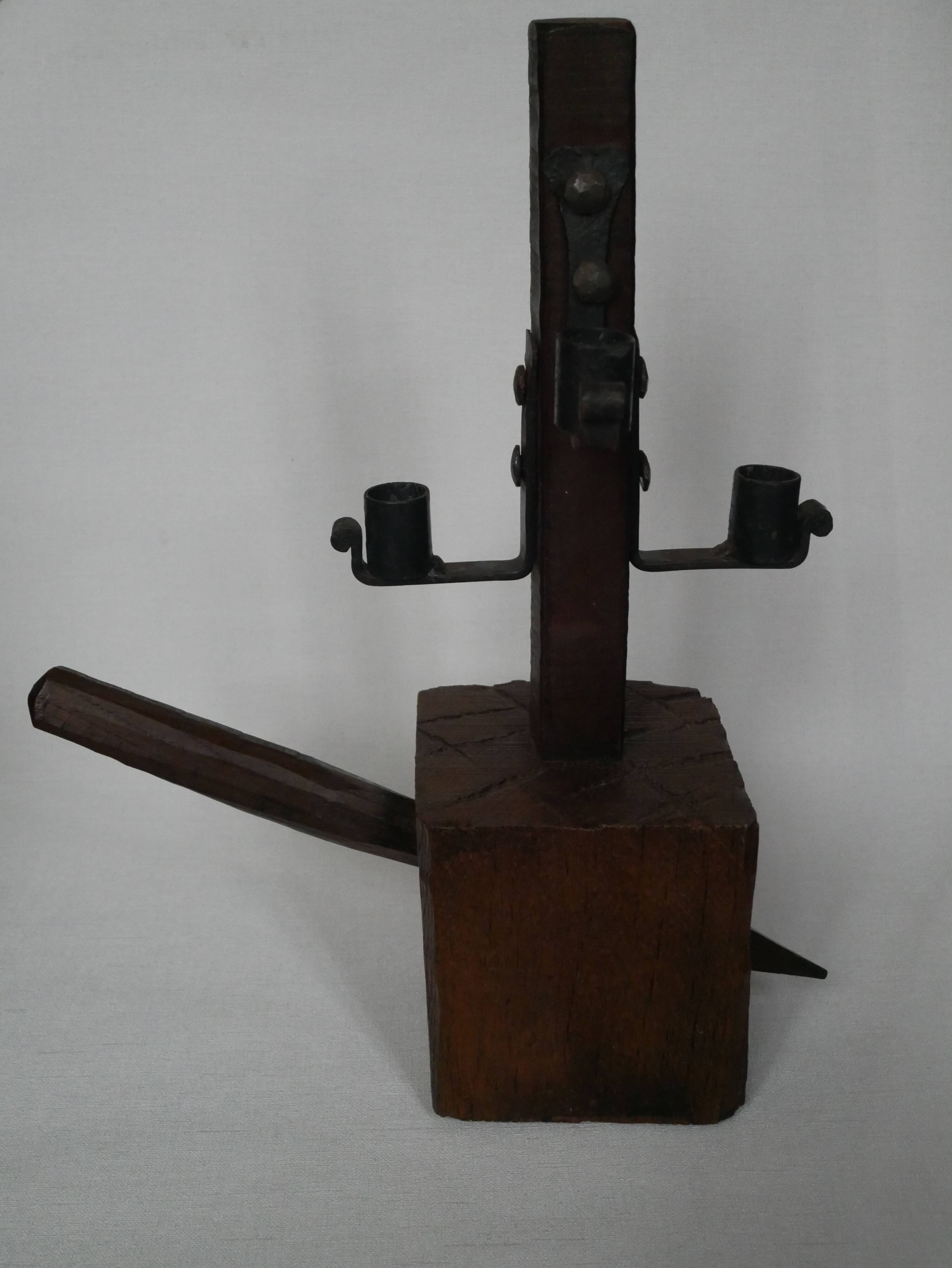 Candle holder wood wrought iron folk art decoration brutalist handmade countryside candlestick candelabra