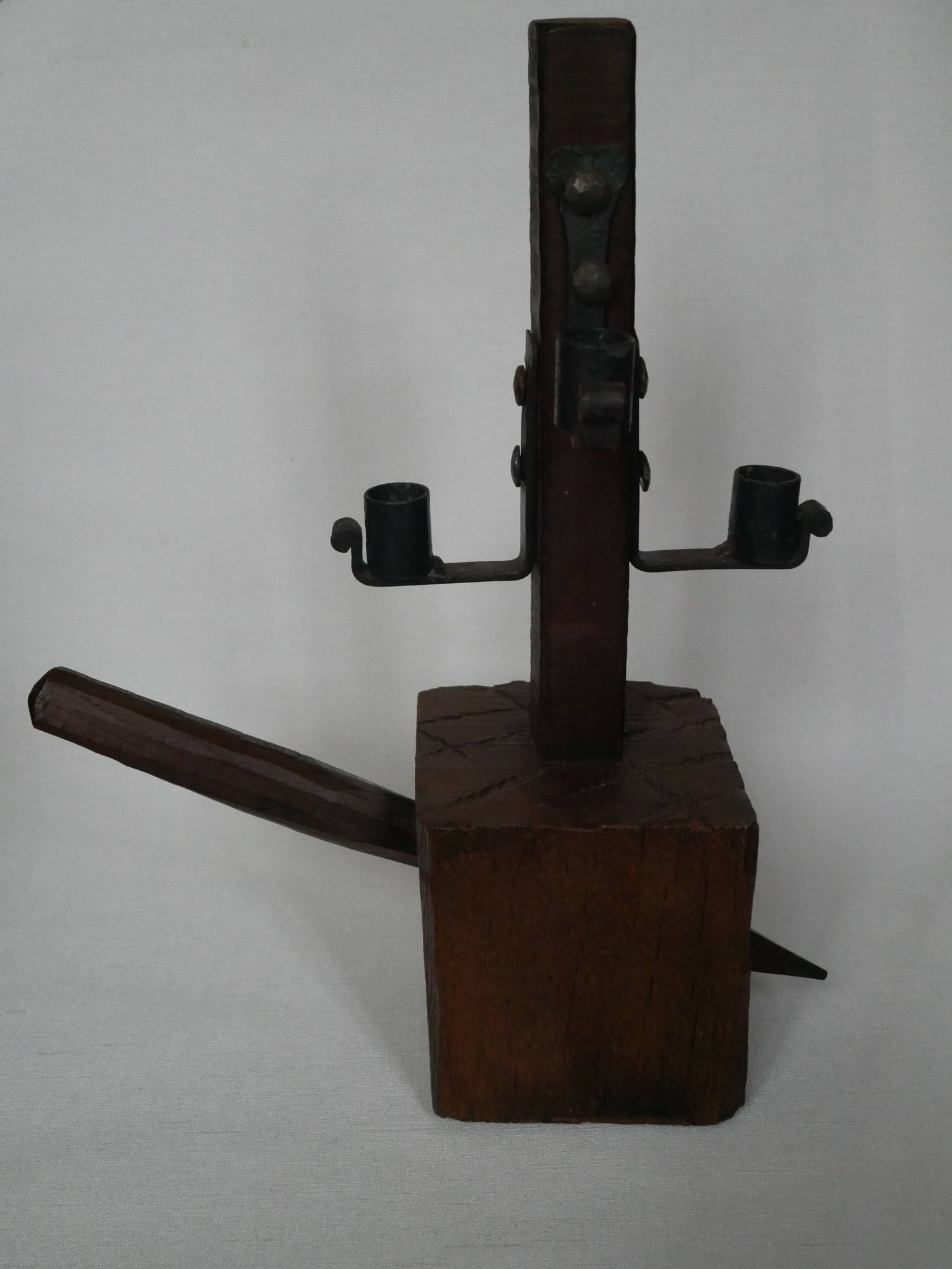 Candle holder wood wrought iron folk art decoration brutalist handmade countryside candlestick candelabra