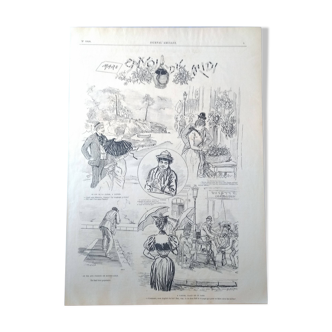 Un dessin croquis illustrateur  mars issue revue d'époque :Le journal Amusant des années 1890