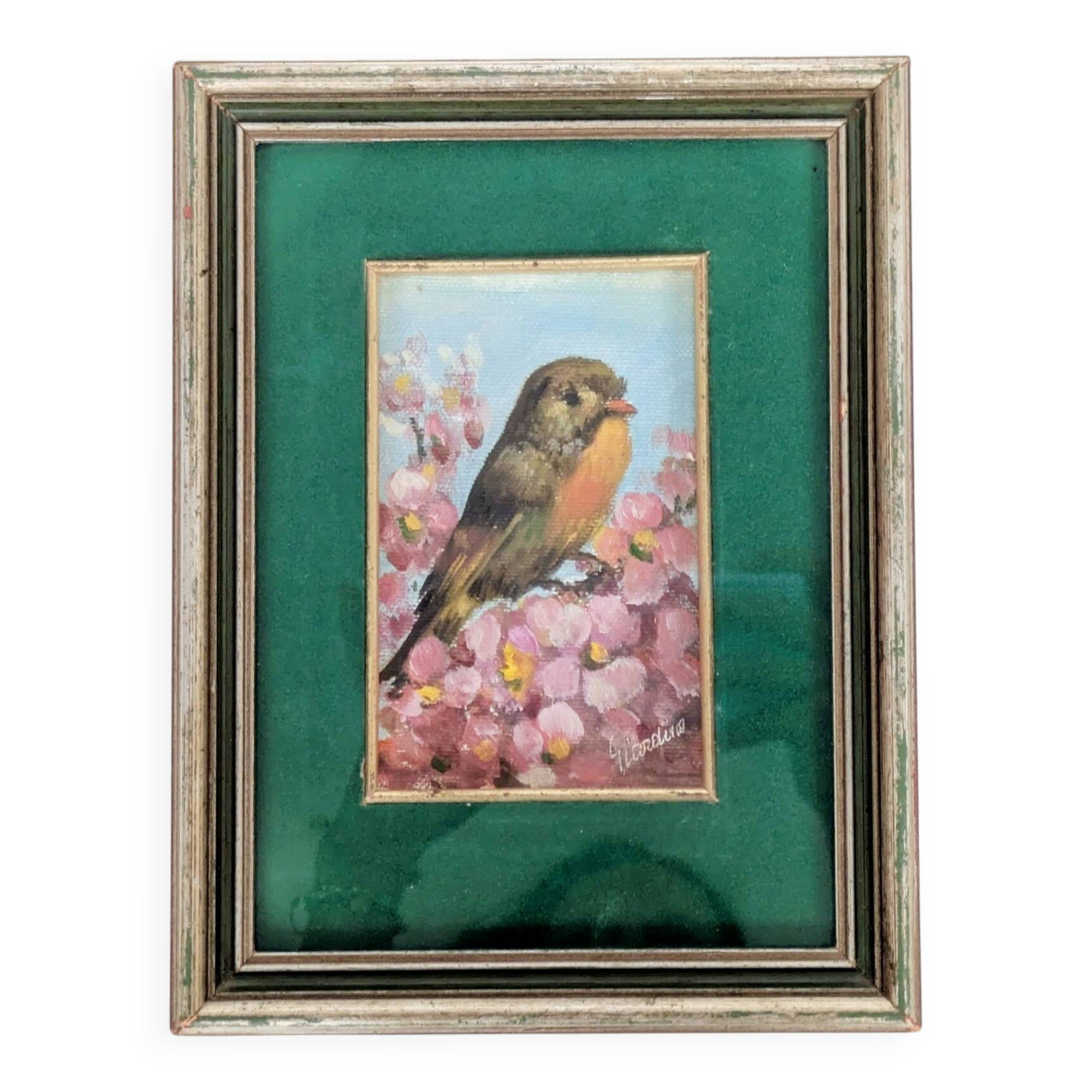 Vintage oil painting signed, robin, distressed frame.