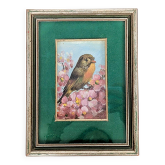 Peinture à l’huile vintage signée, rouge-gorge, cadre patiné