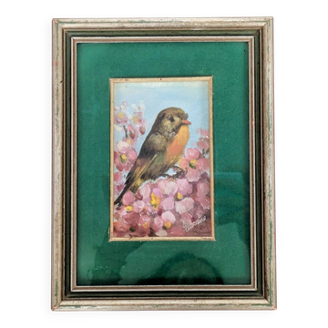 Peinture à l’huile vintage signée, rouge-gorge, cadre patiné