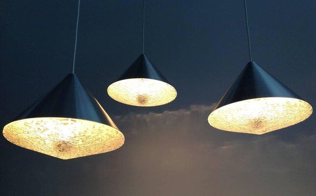 Set of 3 mid-century glass cone-shaped chandeliers, 1970s