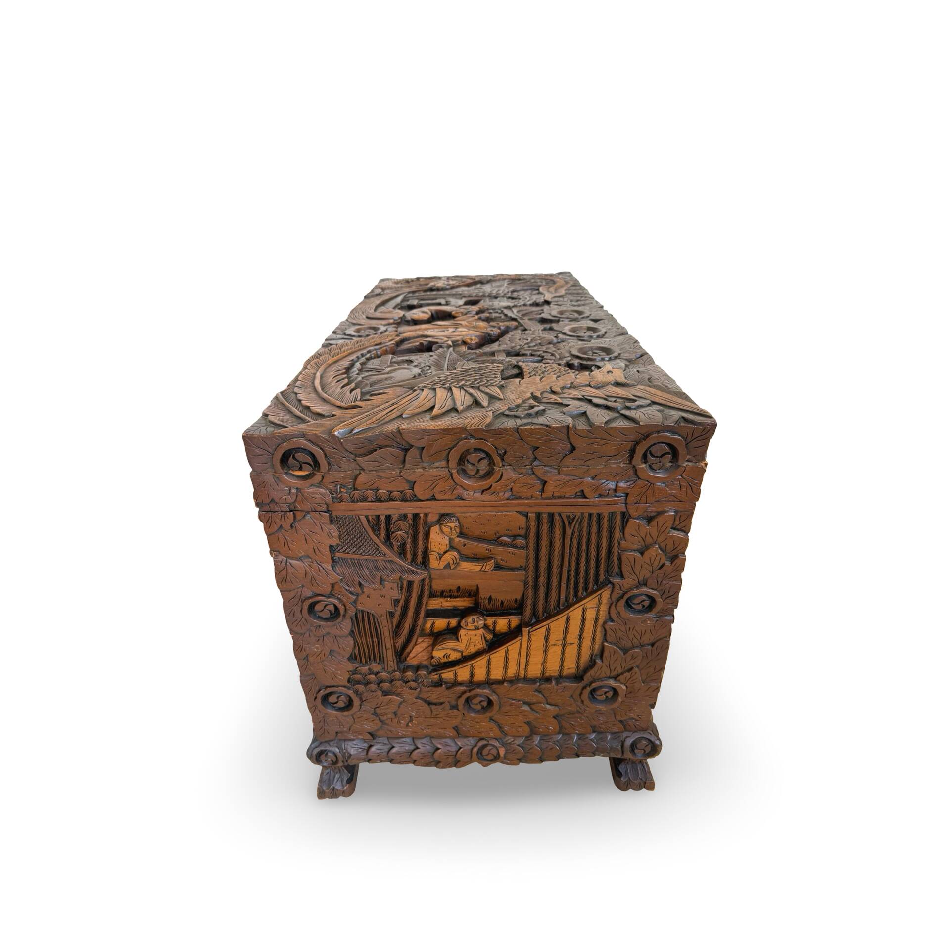 Antique Chinese Carved Export Chest – Dragon, Phoenix & Landscape Deco