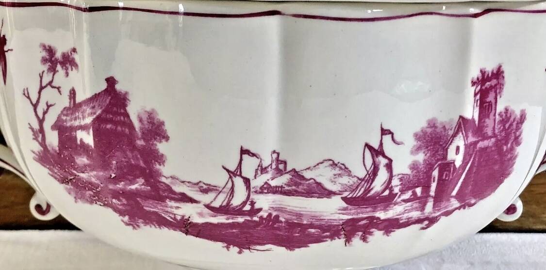 Antique large Gien vegetable soup tureen, pink landscape model, 1938/1960
