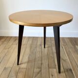 Table basse tripode en bois et marqueterie bicolore design scandinave 1950