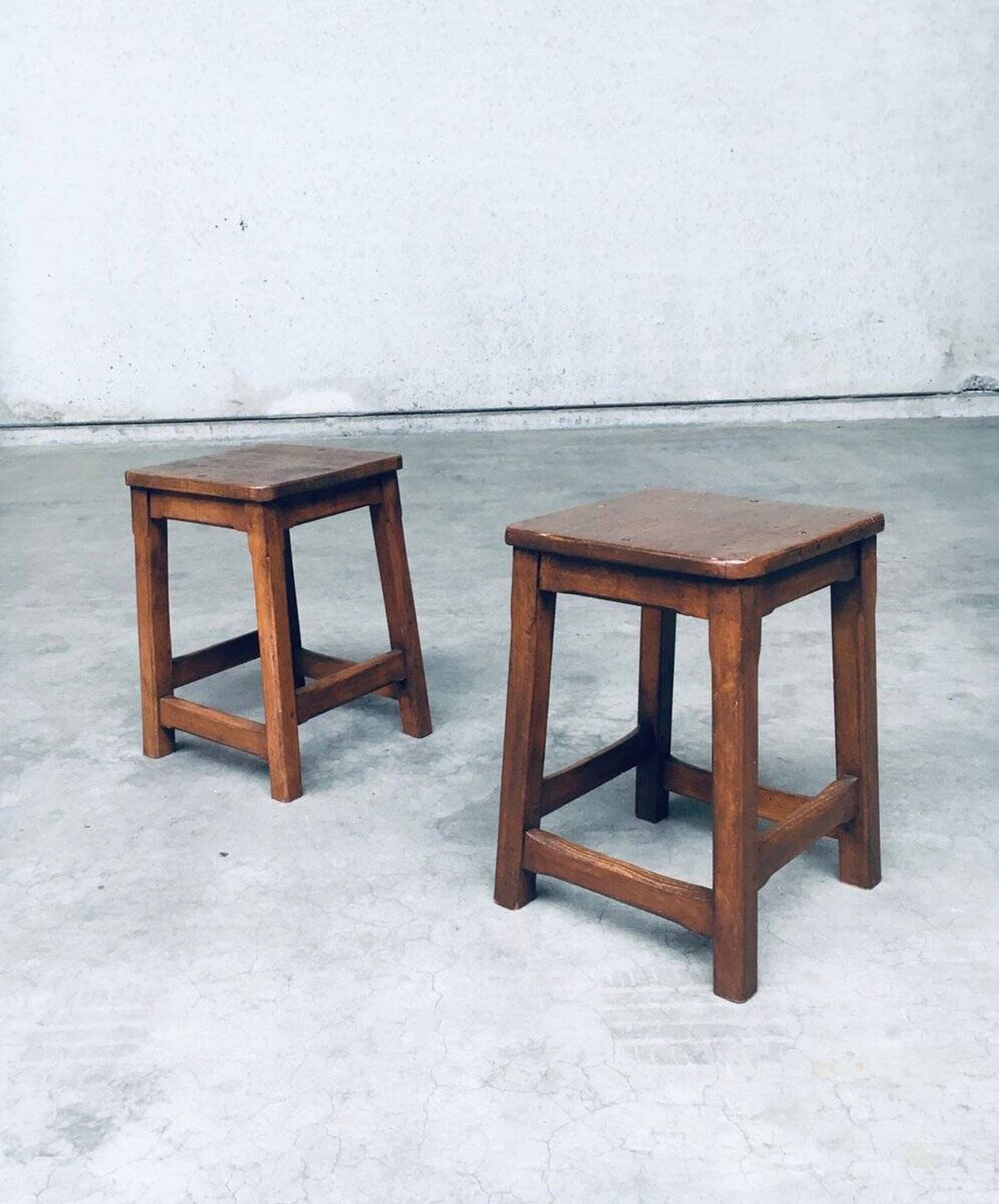 Set of Belgian Handcrafted Wooden Stools, 1940s