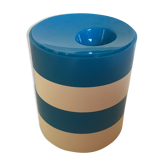 Four round blue and white egg cups from the 1970s.