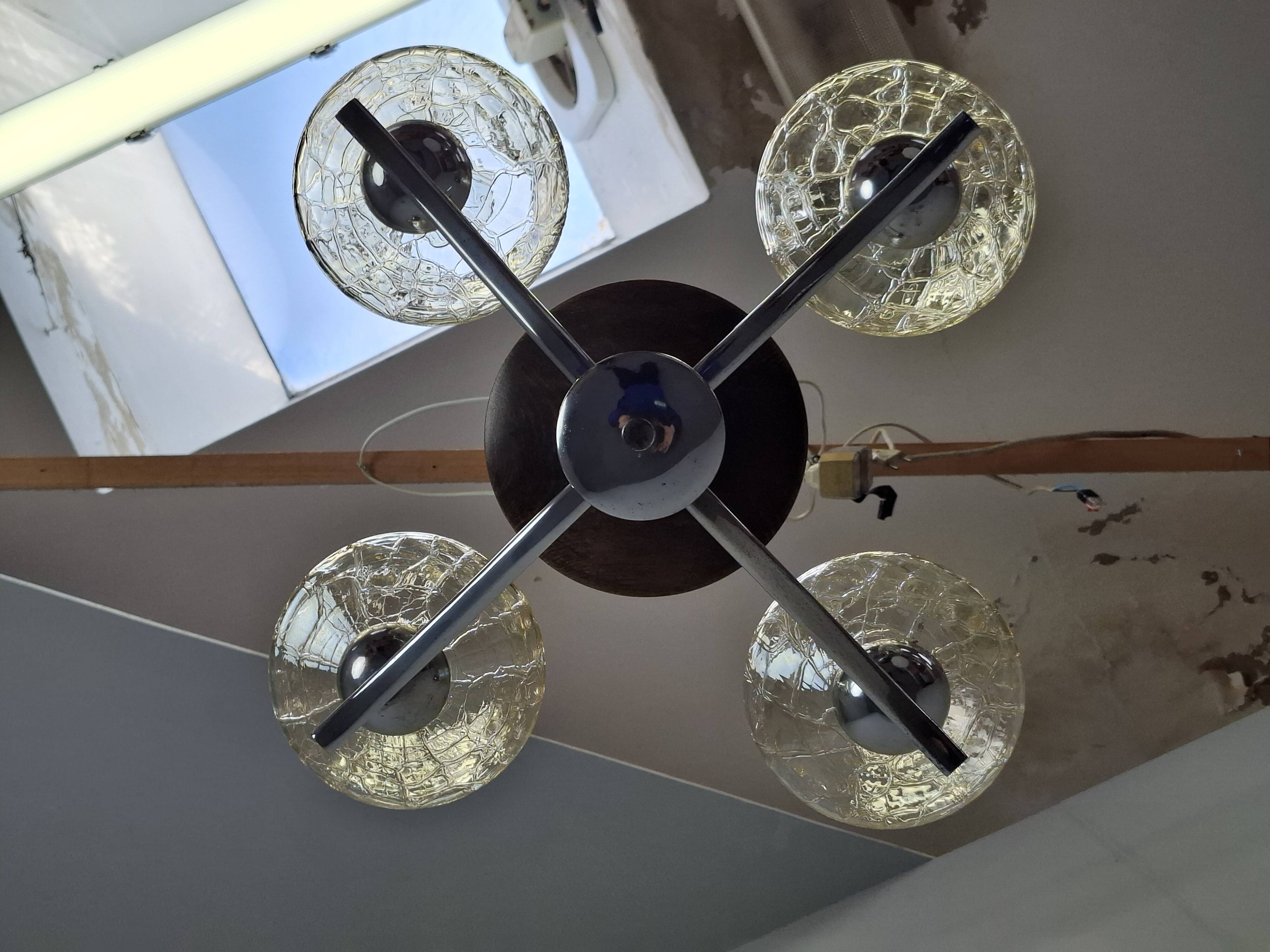 1960s Napako Mid-Century Modern Czech Four-Arm Glass Wood Chrome Chandelier