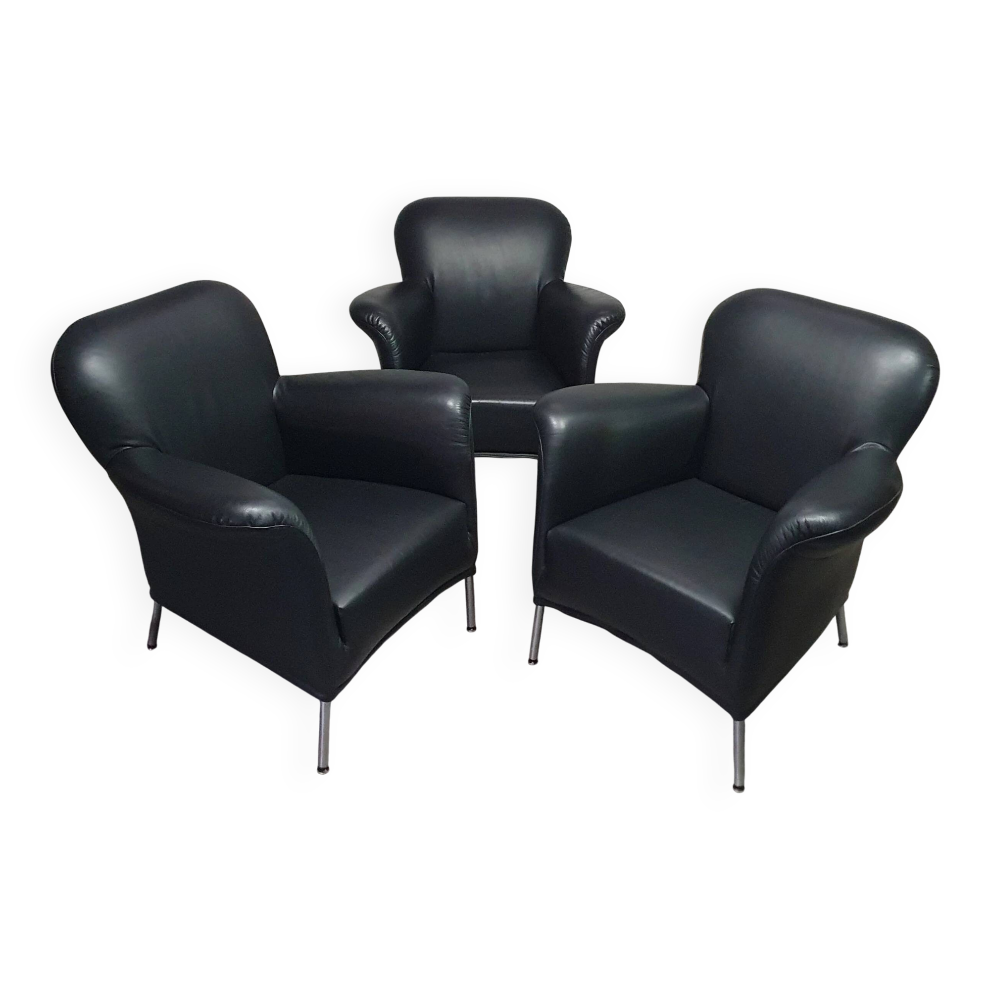 3 x rare armchair / model Turn / black leather / Bert Plantagie in mint condition.