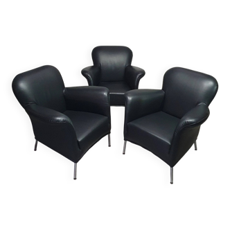 3 x rare armchair / model Turn / black leather / Bert Plantagie in mint condition.