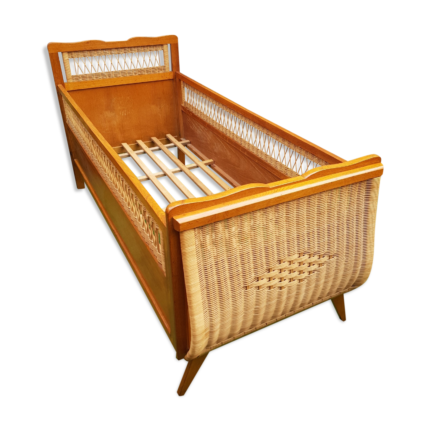 Bed wood and rattan 1960