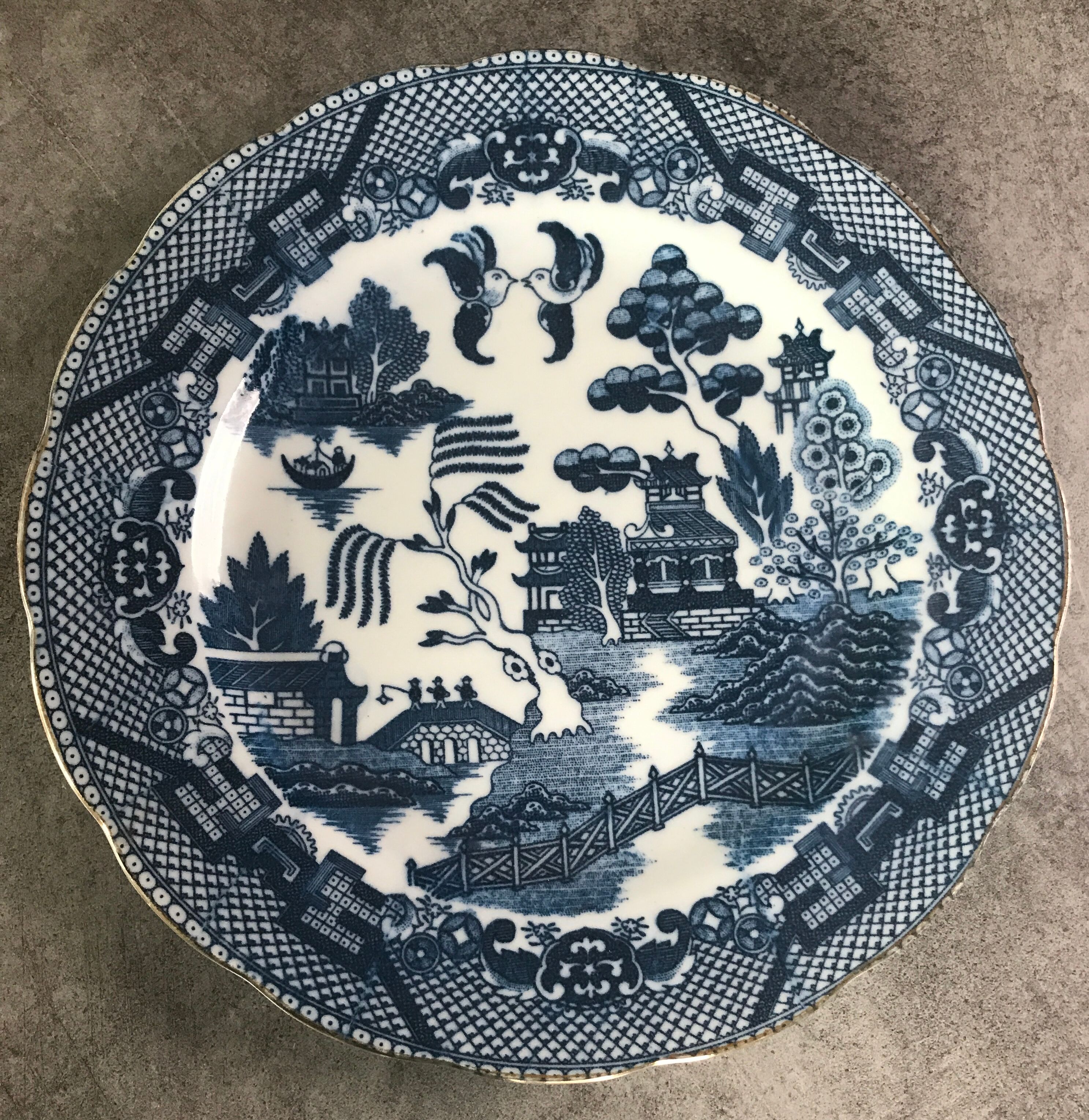 Old earthenware plate with decoration of landscape of asia 19.5 cm