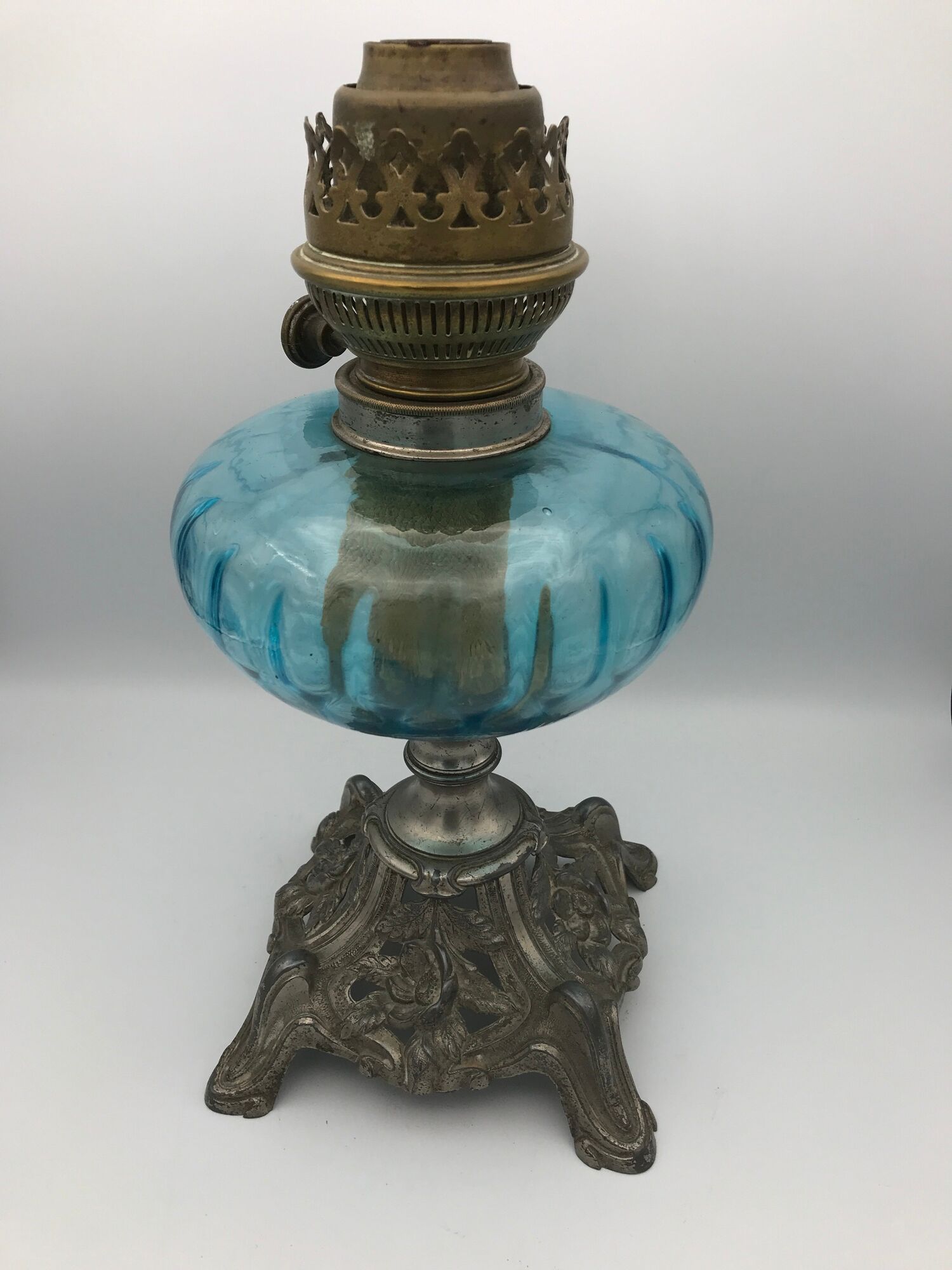 Regulated kerosene lamp foot baroque style blue glass bowl
