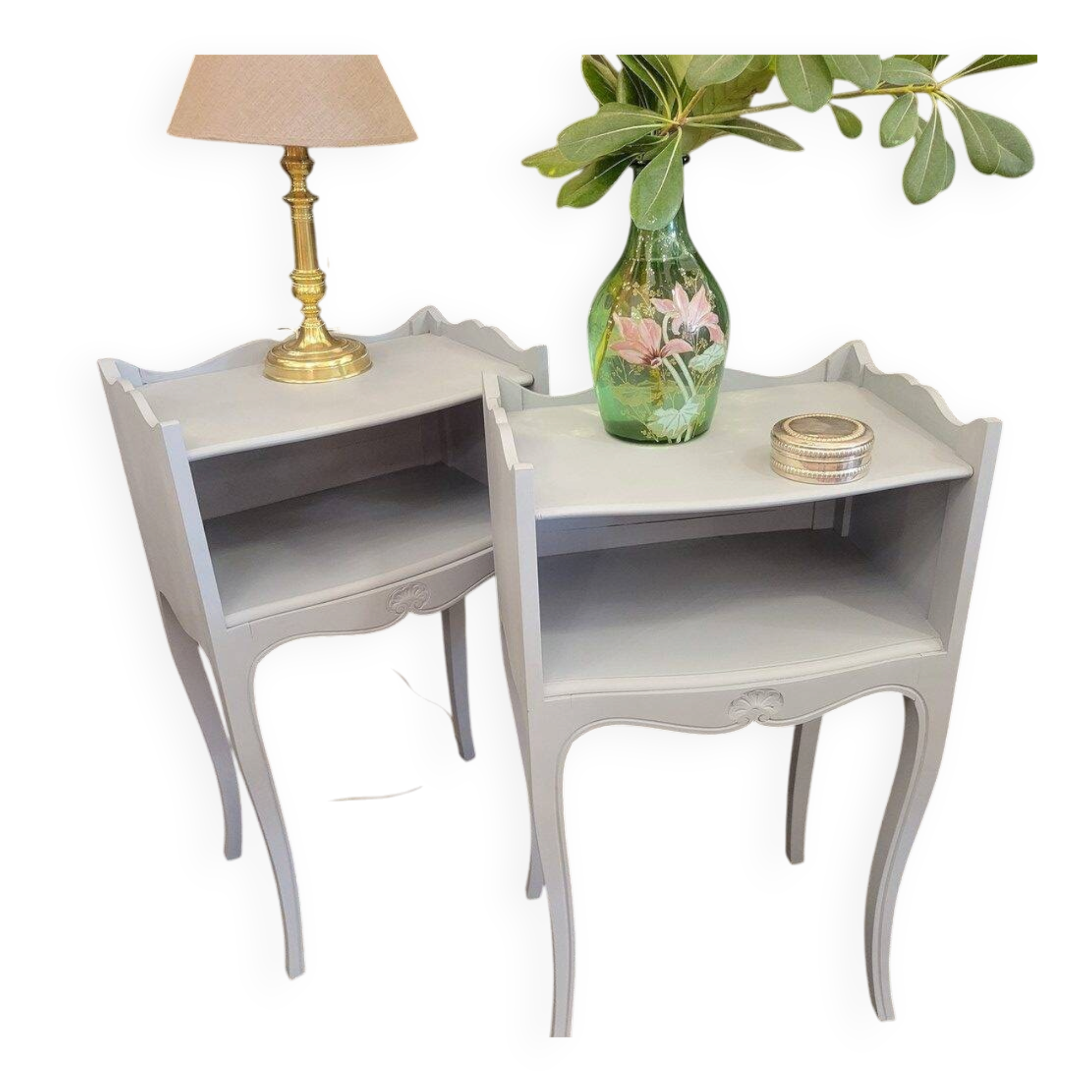 Light grey patinated bedside tables