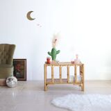 Vintage rectangular side coffee table in wood and rattan with magazine rack