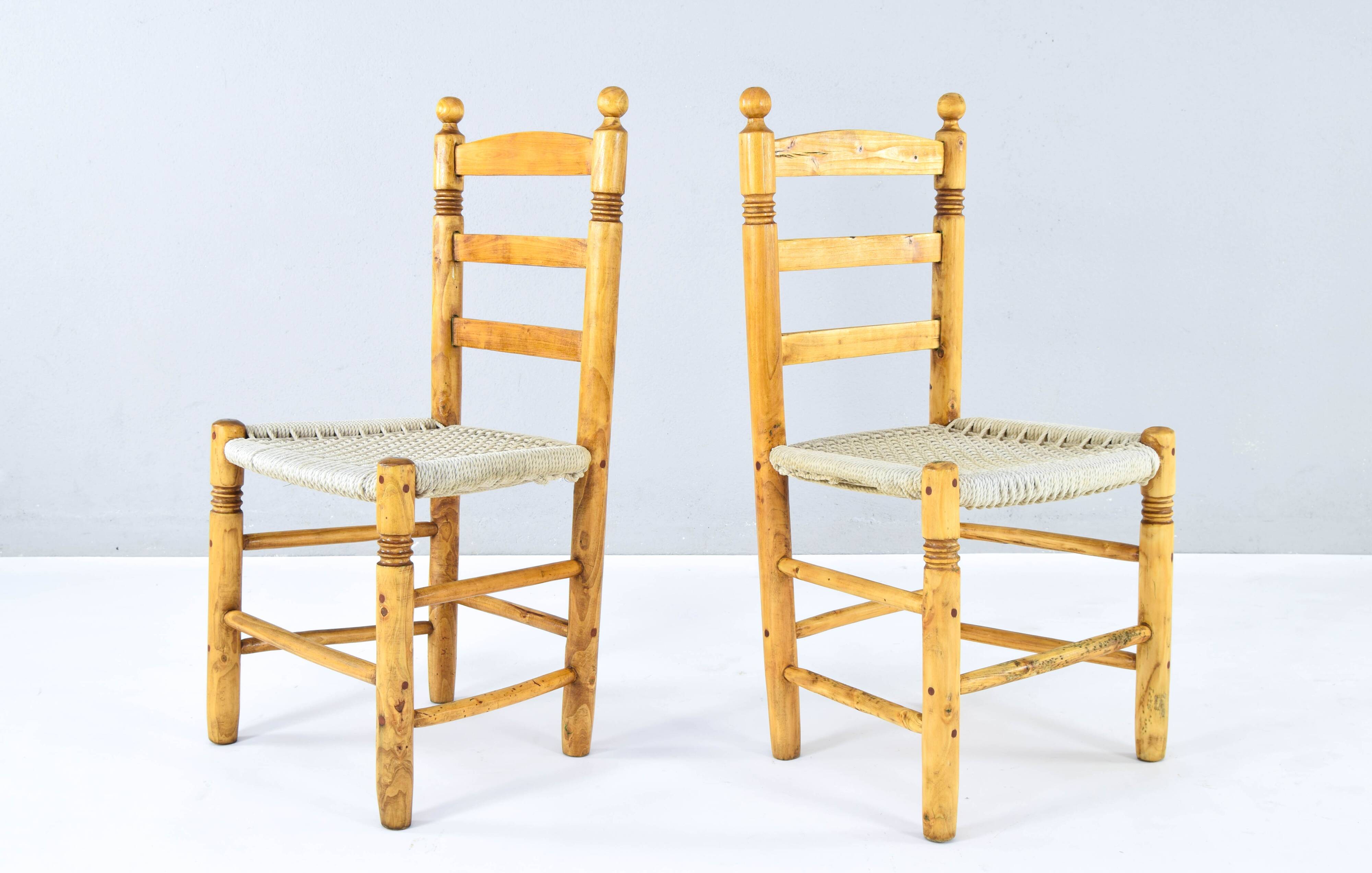 Antique low Traditional Andalusian Mediterranean Chairs made of Wood and Rope