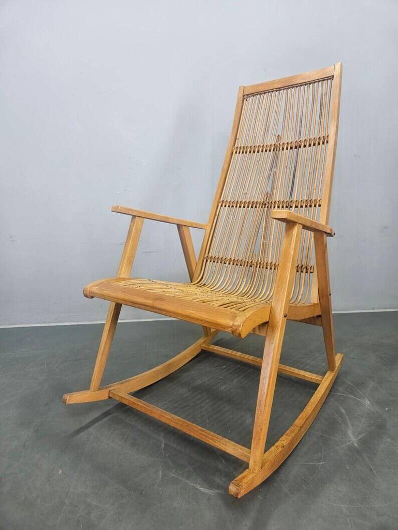 Rare Midcentury Wood and Rattan Rocking Chair, Denmark, 1960s