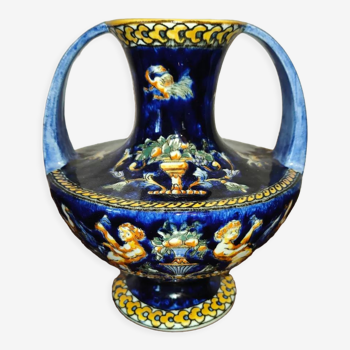 Vase à 2 anses polychrome en faïence de Gien France à décor Renaissance 1938