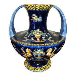 Vase à 2 anses polychrome en faïence