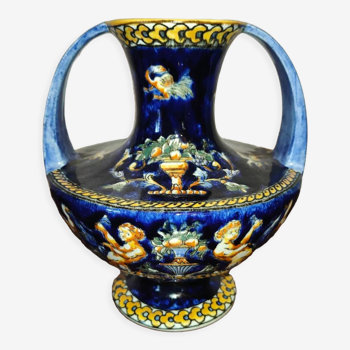 Vase with 2 polychrome handles in Gien earthenware France with Renaissance decoration 1938