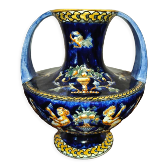 Vase with 2 polychrome handles in Gien earthenware France with Renaissance decoration 1938