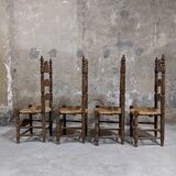 Set of 4 wooden and straw chairs