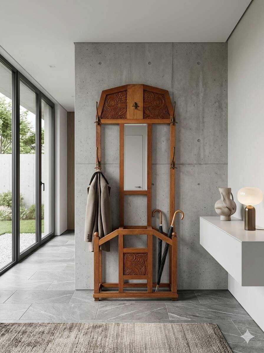 Art Deco coat rack wardrobe in solid oak